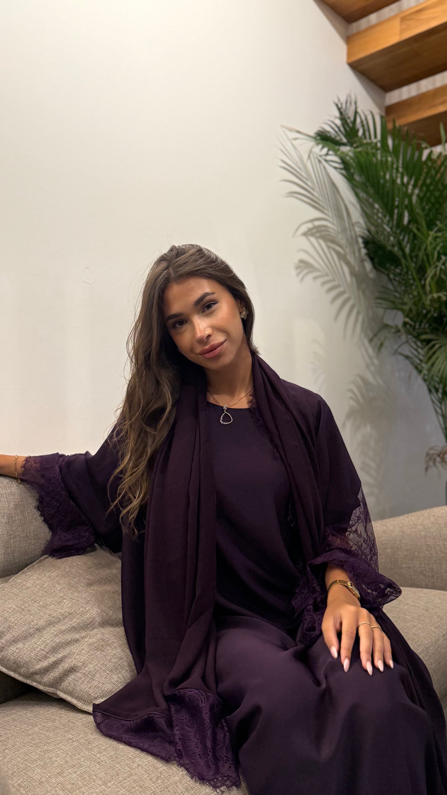 Lace Trim Abaya - Violet