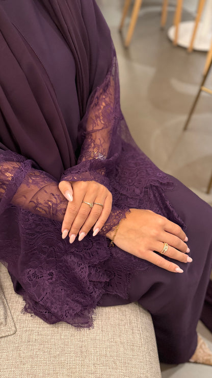Lace Trim Abaya - Violet