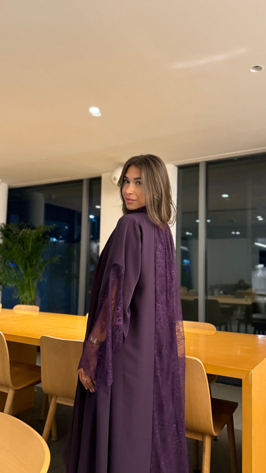 Lace Trim Abaya - Violet