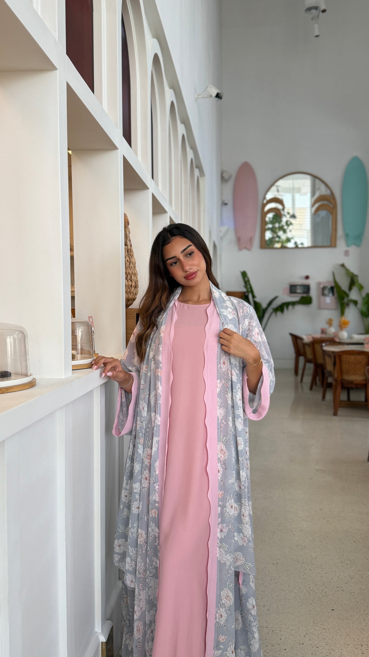 Printed Chiffon Abaya - Silver Bloom