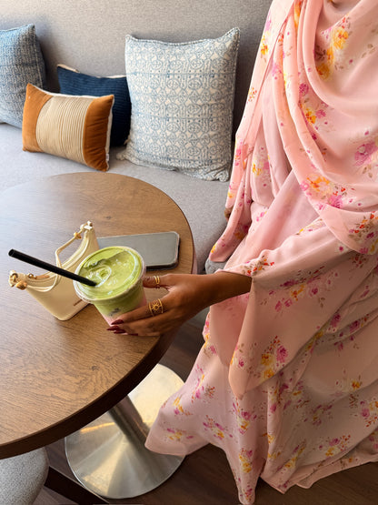 Printed Chiffon Abaya - Pink Lemonade