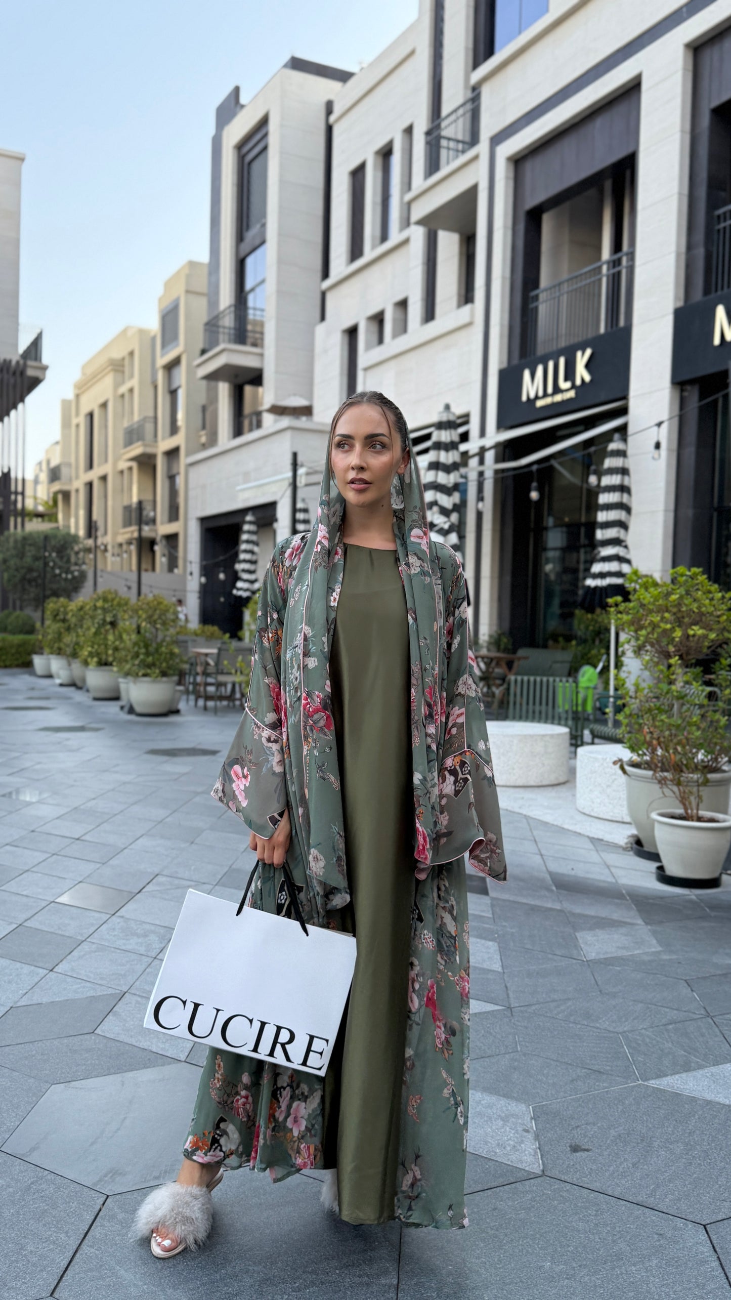 Printed Chiffon Abaya - Sage Gardenia