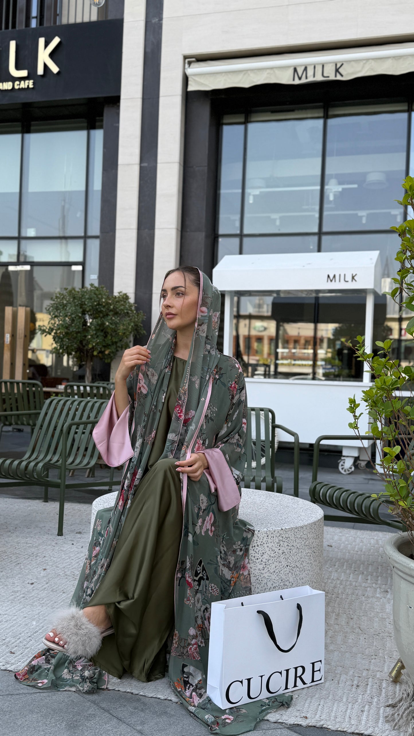 Printed Chiffon Abaya - Sage Gardenia