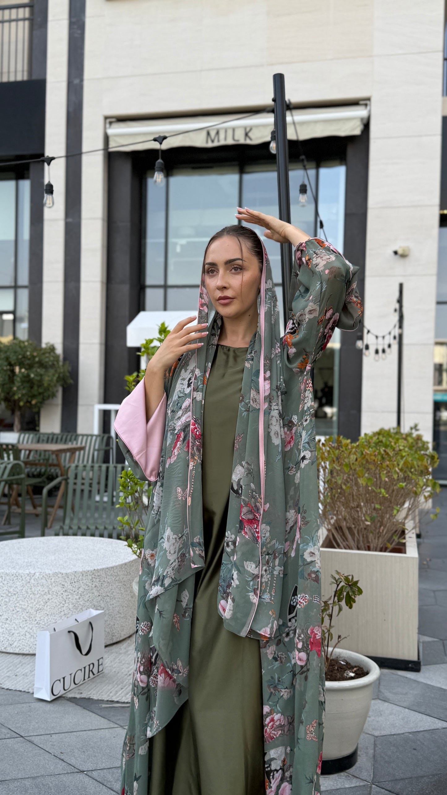 Printed Chiffon Abaya - Sage Gardenia