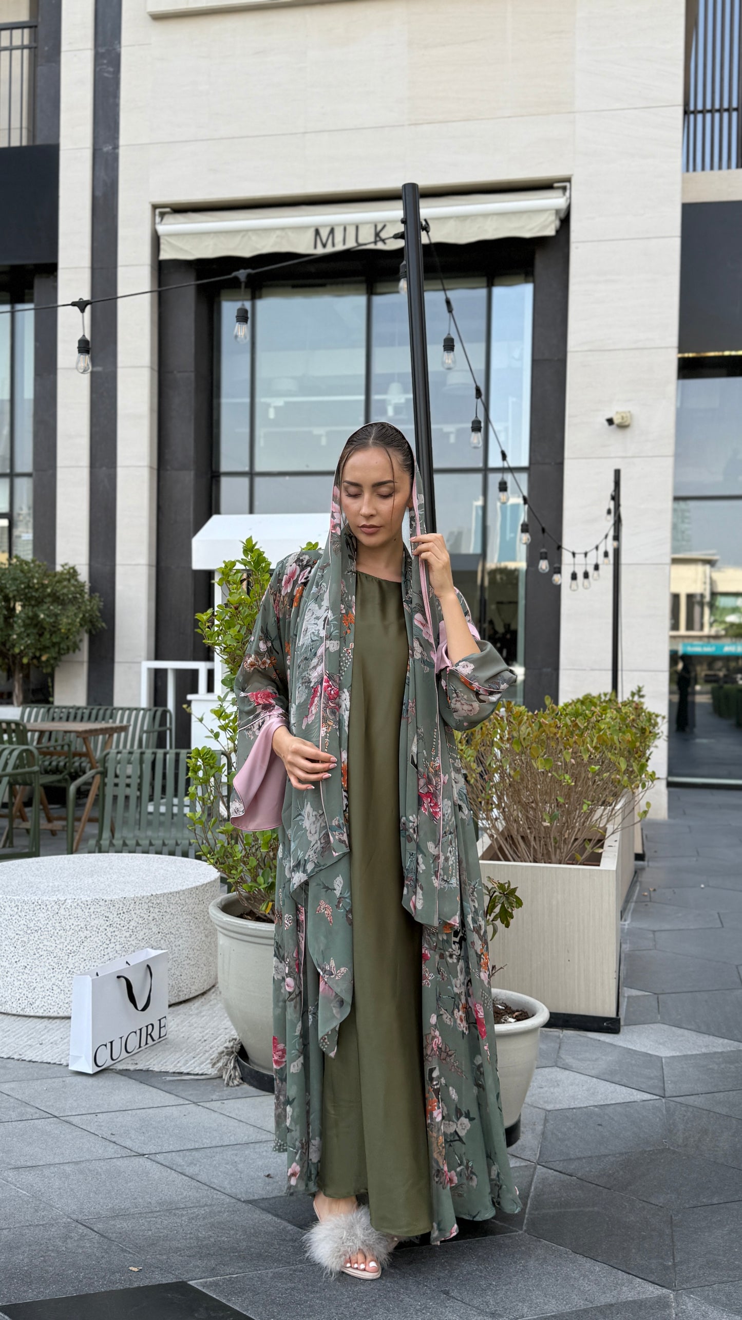 Printed Chiffon Abaya - Sage Gardenia
