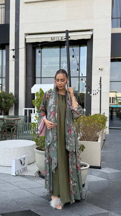 Printed Chiffon Abaya - Sage Gardenia