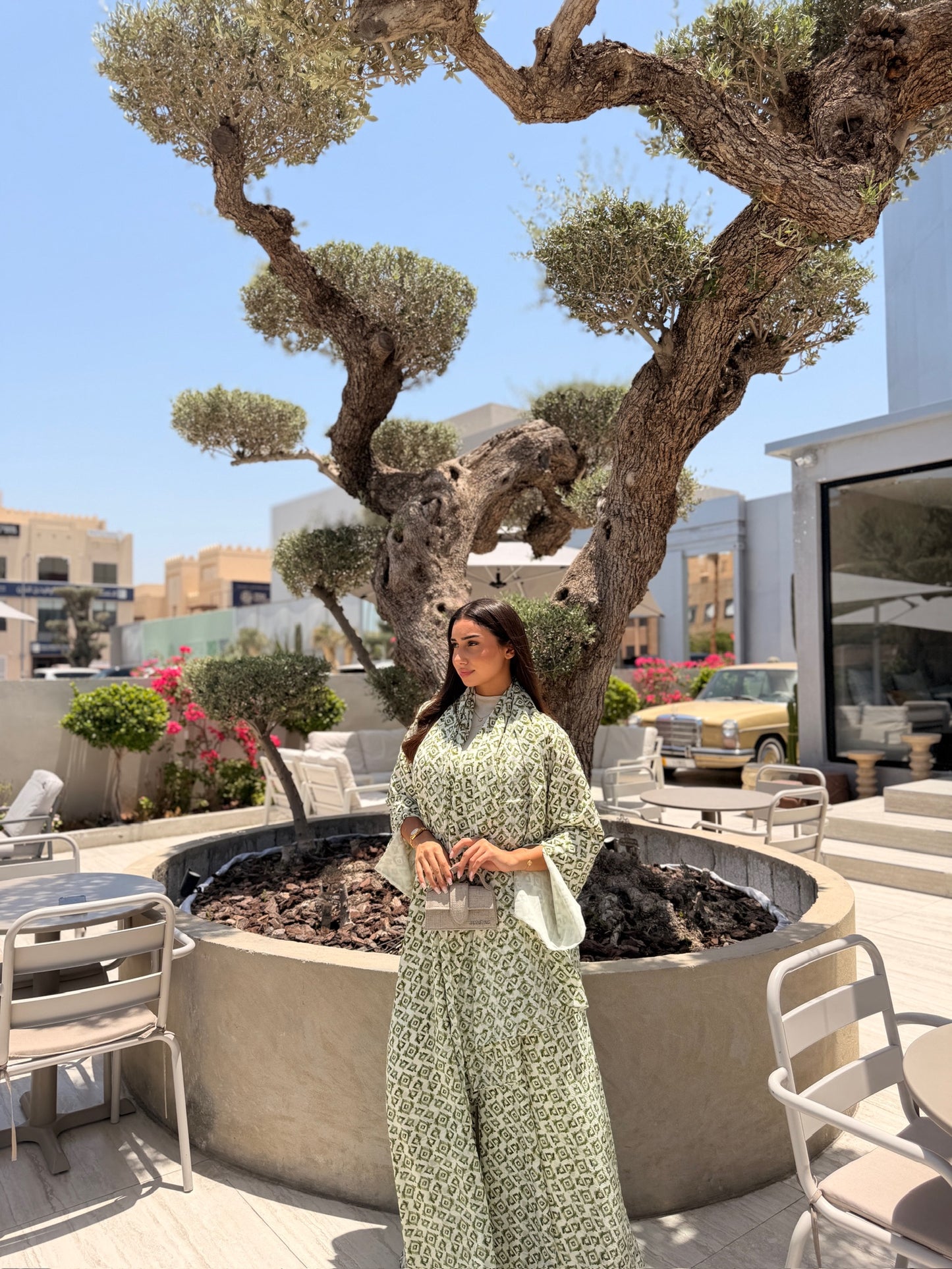 Printed Linen Abaya - Matcha Kiss