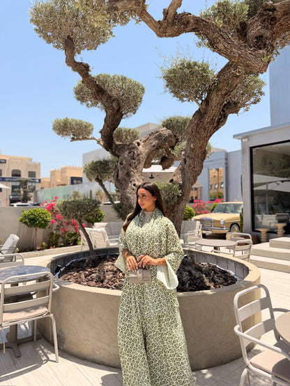 Printed Linen Abaya - Matcha Kiss