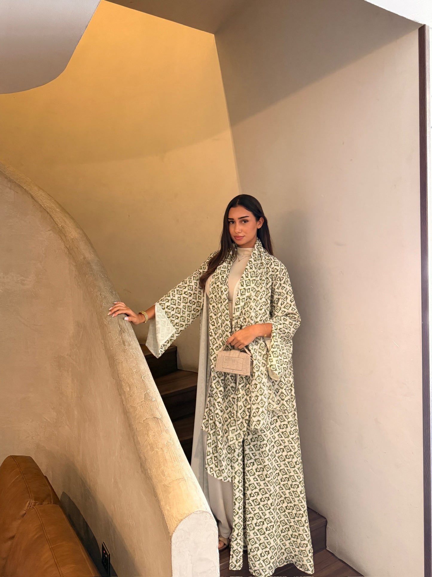 Printed Linen Abaya - Matcha Kiss