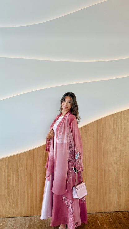 Printed Chiffon Abaya - Fuchsia Petals